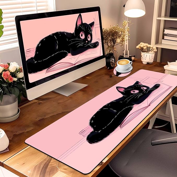 Extended Mouse Pad with Coaster 31.5 x 11.8 Desk Pad Full Desk Mousepad Stitched Edges Desk Mat Long Large Gaming Mouse Pad for Desk Office Home Cat Pink