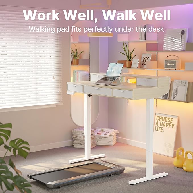 HUANUO 40 X 24 inch Electric Standing Desk with 4 Drawers, Adjustable Height Sit Stand Home Office Desk, C-Clamp Mount Compatible, Ergonomic Stand up Desk with 4 Preset Heights, Natural