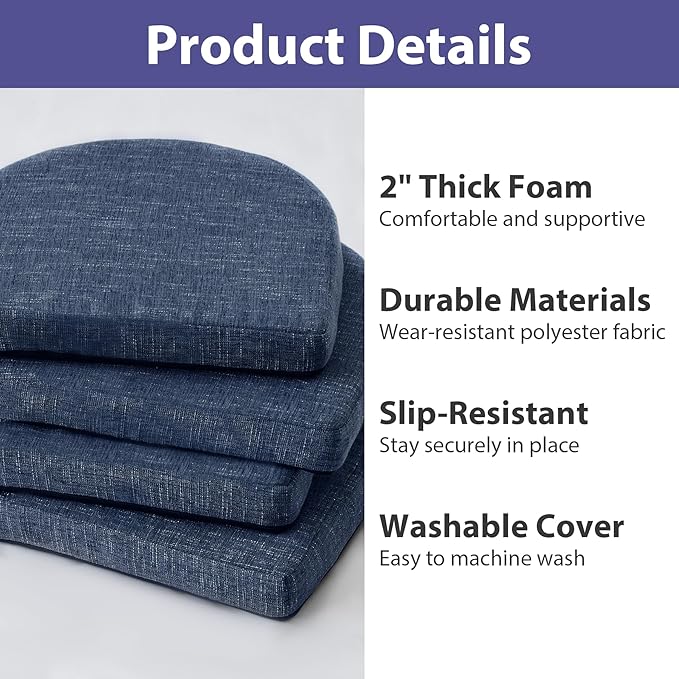IPYNBAP Chair Cushions for Dining Chairs, Kitchen Chair Cushions, 16'' x 16'' x 2'', Non Slip Indoor Seat Cushions, Chair Pads for Dining Chairs with Ties & Removable Cover, Set of 6, Navy
