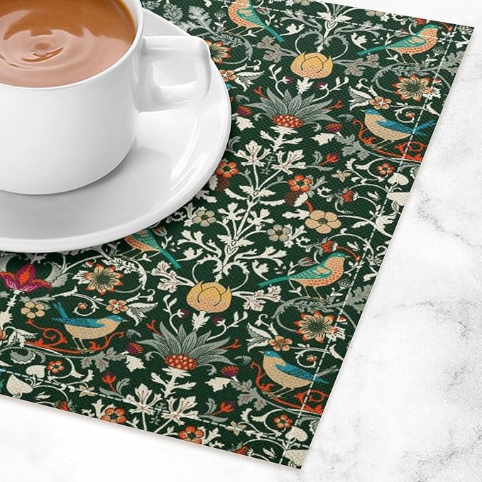 Vintage William Morris Placemats Strawberry Thief Botanical Art Vintage Floral Linen Washable Table Mats Stain Heat-Resistant Desktop Decor Place Mats for Home Kitchen Dining Party 12x18 in 6 Pcs