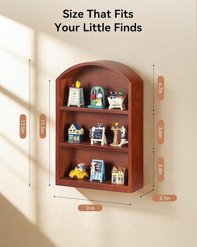 Arched Trinket Shelf, 9" x 13.5" Wooden Display Shelf for Wall or Desk, Vintage Shadow Box with Shelves for Collectibles, Mini Figures, Perfumes & Crystals - Rustic Brown