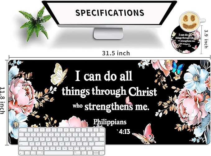 Extended Mouse Pad with Coaster 31.5 x 11.8 Desk Pad Full Desk Mousepad Stitched Edges Desk Mat Long Large Gaming Mouse Pad for Desk Office Home Bible Butterflies
