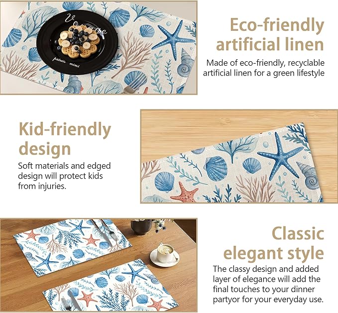 Watercolor Shell Starfish Table Placemats Set of 6, Linen Placemats 12x18 Inch, Washable Non Slip Heat Resistant Mats for Dining Table Kitchen Indoor Use