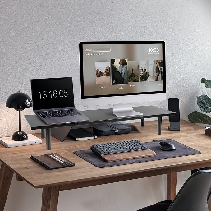 Across-Star Dual-Monitor-Stand-Riser-For-Desk Adjustable Length 32-40 Inch，Large Desktop Computer Monitor Riser For 2 Screens，Desk Shelf Organizer Riser Stand For Computer/Laptop/PC/Printer/TV Black