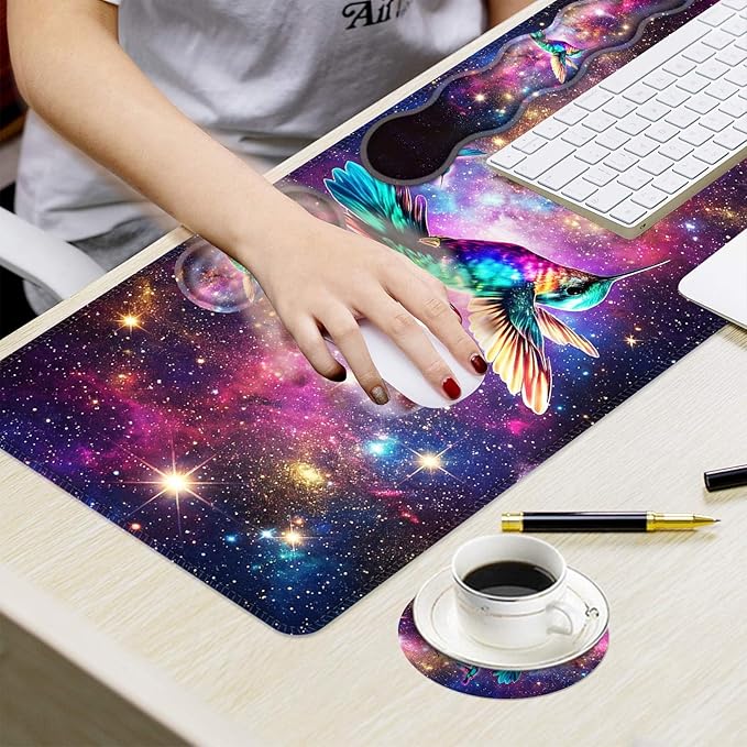 Ergonomic Mouse Pad Set with Wrist Support for Keyboard and Wrist Rest for Mouse, Memory Foam Comfort, Non-Slip Large Desk Mat for Home Office Pain Relief,Space Hummingbird