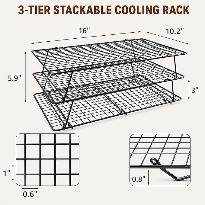 Cooling Rack, 3 Tier Stackable Cooling Racks for Cooking Baking Roasting, Multi-Level Collapsible Cookie Rack for Cakes, Oven Safe & Easy Clean (Black, 3-Tier-SL)