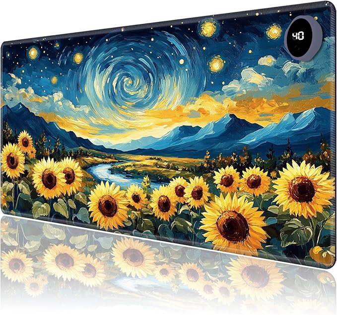Heated Mouse Pad,Warm Desk Pad with 3 Levels Heating & 3 Hours Auto Shut-Off, PU Leather Heated Desk Pad Warmer Pad for Home Office - 31.5 x 13 inch,Starry Sky Sunflower