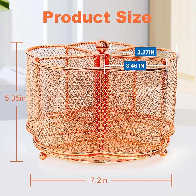 360 Degree Rotate Pen Holder for Desk Mesh Desk Pen Organizer Pencil Holder Large Capacity Accessories & Workspace Organizers for School,Home (Rose Gold, No hook)