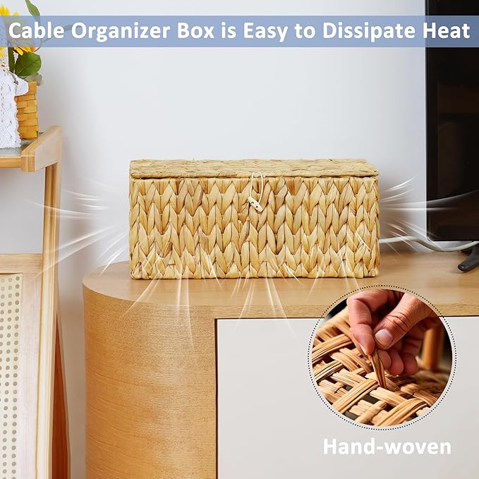 efluky 2 Pack Hand-Woven Floor Cord Covers with Lid, Water Hyacinth Cable Management Box, 2 Open Slots Cord Box to to Hide Cords Power Strip for Desk, Floor, Office