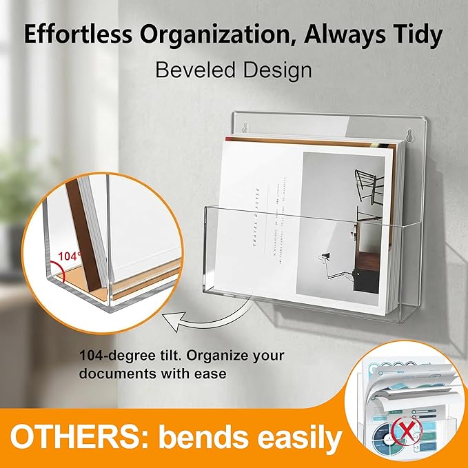 JUESHA 2 Pack Clear Acrylic File Holder Wall Mount Self Adhesive, Letter Size Hanging Paper Organizer, Wall Pocket File Holder Storage for Letter Folder Brochure Magazine Bookshelf Literature Display