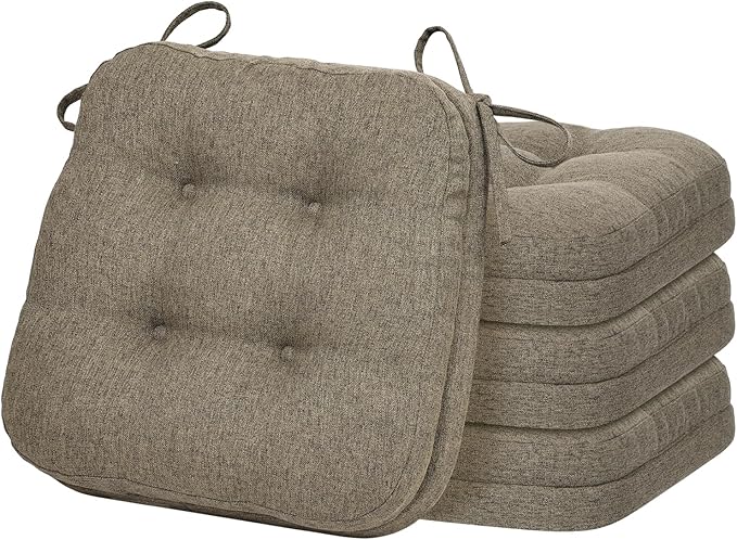 baibu Set of 4 Dining Chair Cushions, Dual-Layer Patent Design Memory Foam Kitchen Chair Cushions, Non-Slip Seat Pads with Ties, 16.5 x 16.5 x 3.5in, 4 Pack, Brown