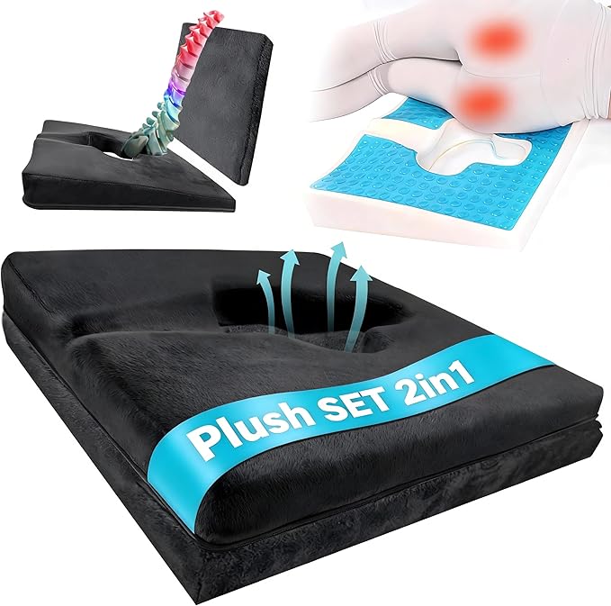 Gel Wheelchair Seat Cushion,Bed Sore Cushions for Butt,hemorrhoid Pillow,Sciatica,Coccyx,Pressure Sore&Ulcer Pain Relief Butt Pillow for Office Chair(Black-Set)