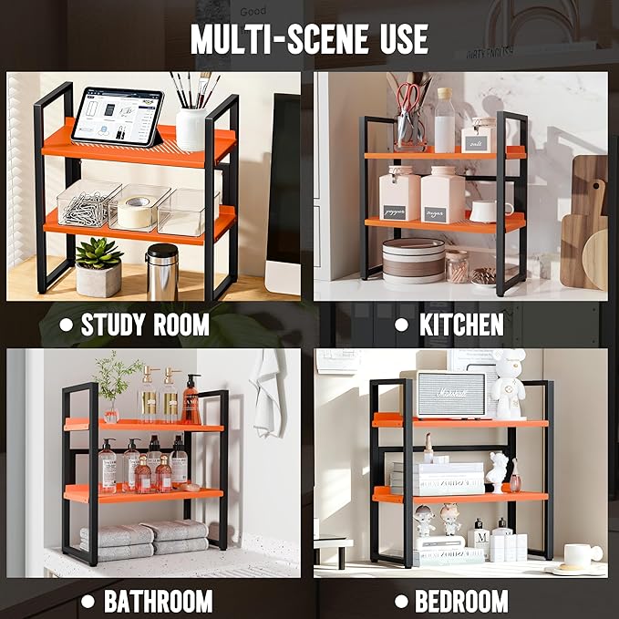 Brakki Desk Shelf Organizer, Adjustable 2 Tier Metal Desktop Shelves, Desktop Bookshelf Organization with Foot Mat, Multi-Functional Small Storage Rack for Office Dorm Home, Black and Orange