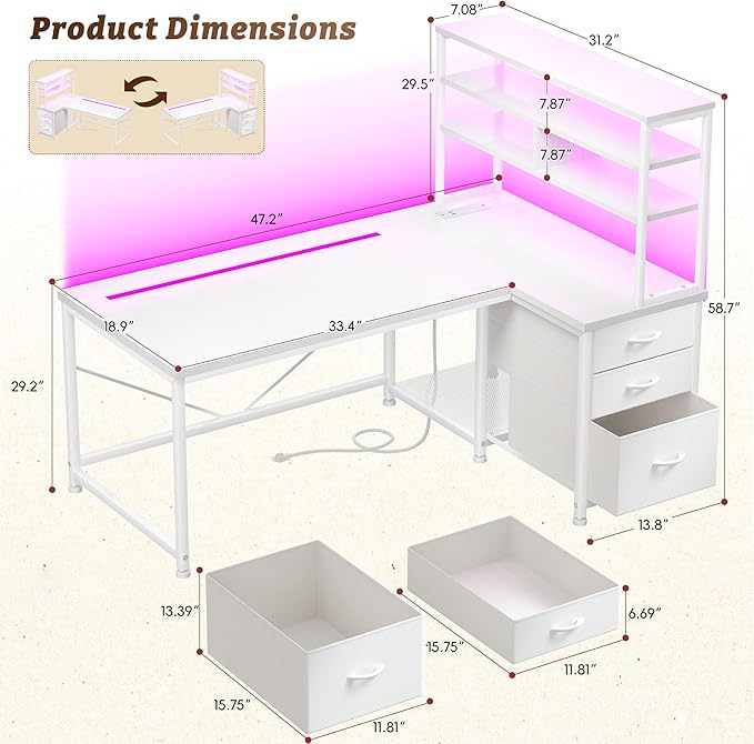 DurayLoly L Shaped Desk Gaming Desk with 3 Silent Fabric Drawers & Shelf, Reversible Corner Desk with Remote LED Lights, Power Charging Station of Home Office Desk,Vanity Desk for Bedroom,White