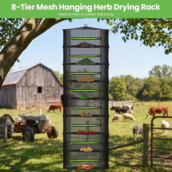 MEKOLIFE Herb Drying Rack Hanging-8 Layer, Collapsible Large Capacity Mesh Net with Green Zipper, Hooks & Bonus Garden Scissors, for Fresh Herbs/Flowers/Plants, Indoor Outdoor Use (23.62")