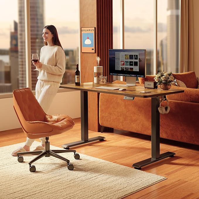 FEZIBO Standing Desk, 63×28 Inches Electric Height Adjustable, Sit Stand Up, Computer Office Desk with Splice Board, Black Frame/Rustic Brown TOP