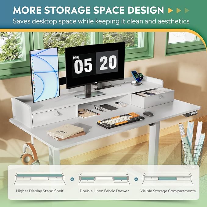 DEVAISE 48 Inch Electric Standing Desk with Shelf, Adjustable Computer Desk for Home Office, with LED Touchscreen，Headphone Hook, 3 Memory Preset, with One-Piece Desktop, White