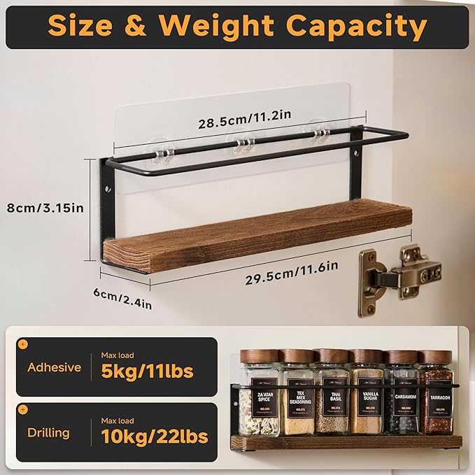 2-Tier Wall Mount Spice Rack Organizer - Screw/Adhesive Mount, Black Metal & Wood Spice Storage for Kitchen Pantry Cabinet, 11.6”W x 2.4”D x 3.2”H,Spice Jars Not Included
