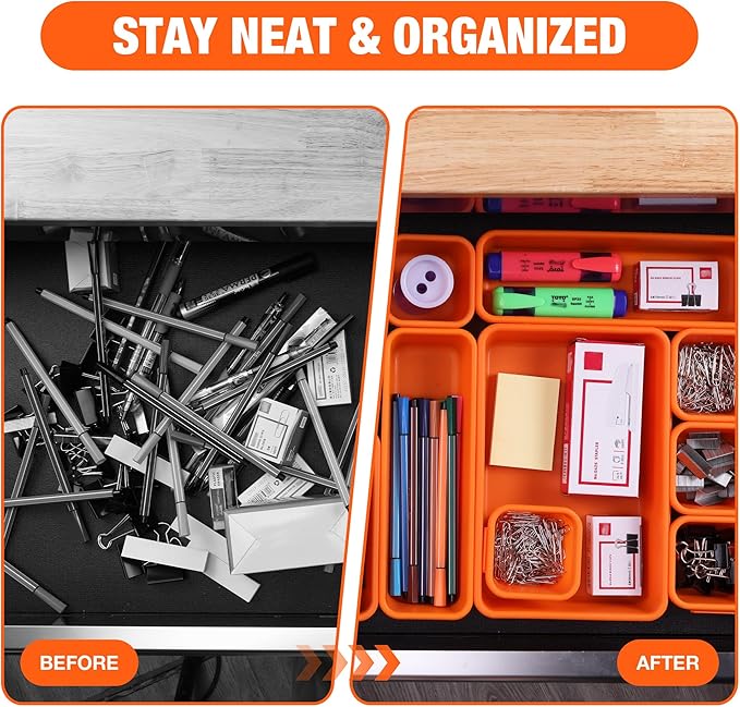 ValueMax 21 PCS Desk Drawer Organizer Set, PP Material Interlocking Drawer Organizer Bins for Office, Vanity, Garage and Bathroom, Non-Silp and Two-Tone Stackable Design, Orange & Gray
