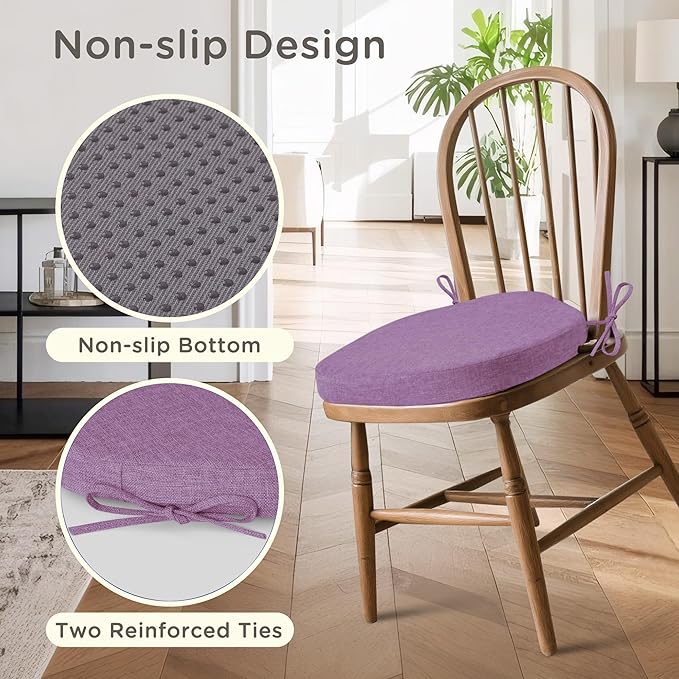 Windsor Chair Cushions for Dining Chairs 4 Pack Non Slip Kitchen Seat Cushion with Ties and Washable Covers Indoor Comfortable Seat Pad with Thick Foam 16.5" x 15.5" x 2" Purple