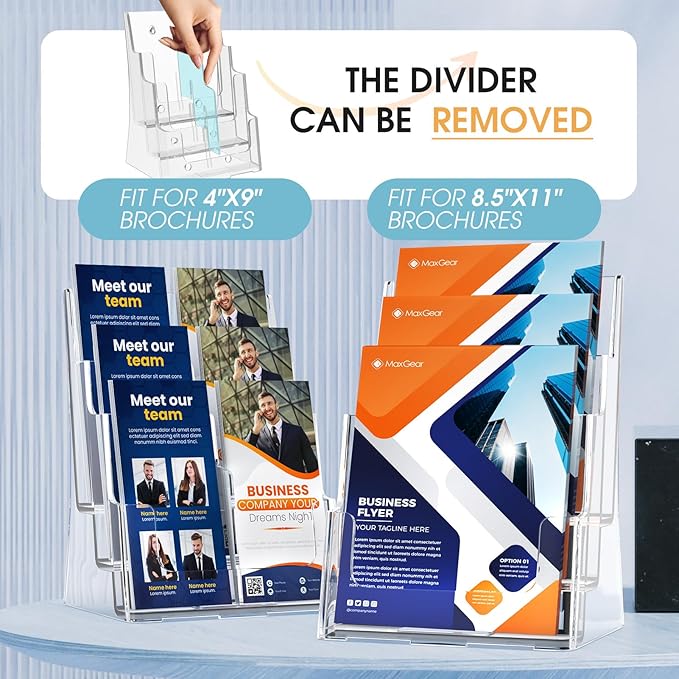 MaxGear Brochure Holder 3 Tier 8.5x11 inch with Removable Divider for 4x9 inch Acrylic Literature Display Stand Clear Plastic Flyer Holder Wall Mount or Countertop Use for Pamphlets, Booklets, 4 Pack