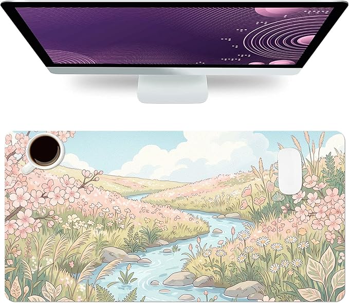 Cute Desk Mat, Anime Floral River Large Mouse Pad for Desktop, PU Leather Waterproof Desk Pad, Anti-Slip Computer PC Laptop Protector Gaming Mouse Pads for Office Home Decorations (31.5" x 15.7")
