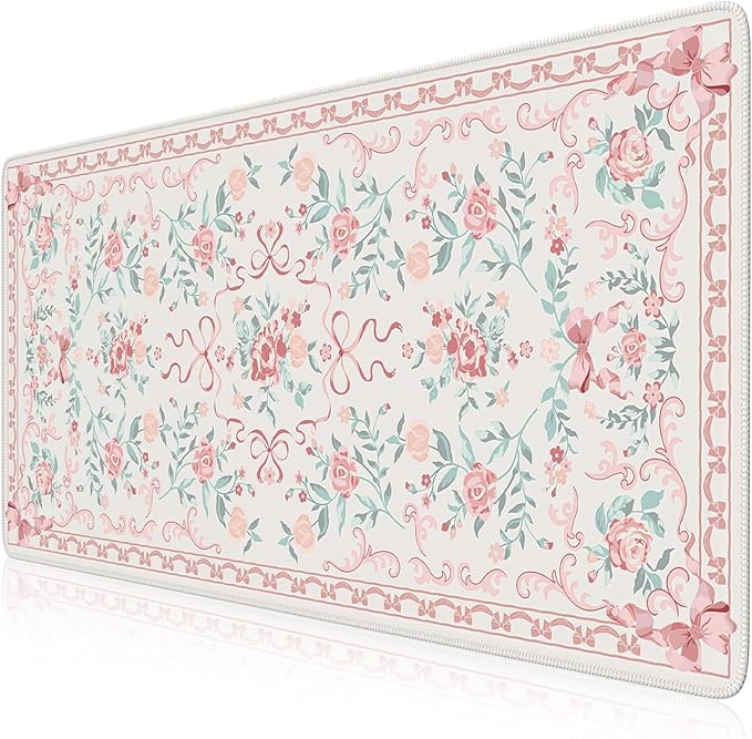 HAOCOO Pink Desktop Mat with Bow, Cute Large Mouse Pad for Office, Non-Slip Waterproof Desk Pad for Keyboard and Mouse, Floral Aesthetic Desktop Mat, Girly Home & Cubicle Supplies