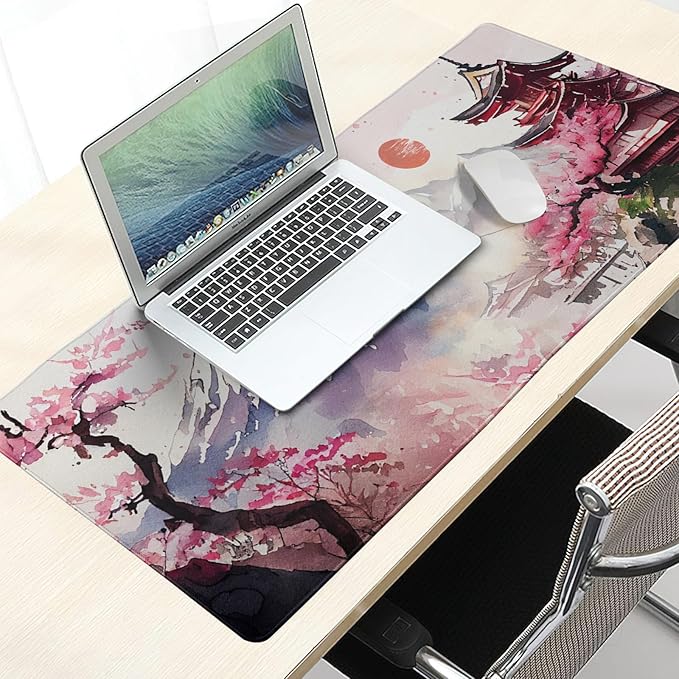Japanese Cherry Blossom White Gaming Mouse Pad XXL Extended Large Mouse Mat Desk Pad Nonslip Rubber Base Long Computer Keyboard Desk Mat for Gaming Laptop Desktop 35.4 x 15.7 Inch
