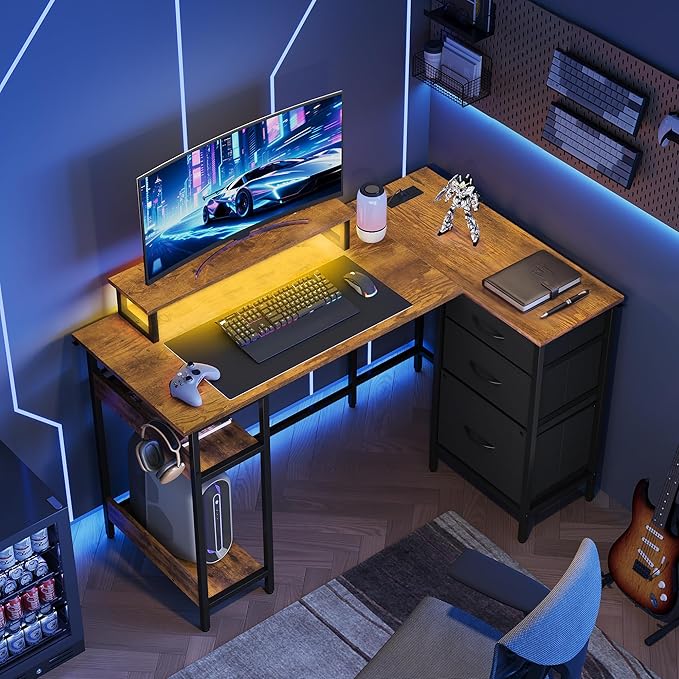 DEVAISE 48 Inch L Shaped Gaming Desk with Drawers and Storage, Corner Desk with LED Lights, Power Outlets, Computer Desk with Monitor Stand, Office Desk for Home, Rustic Brown