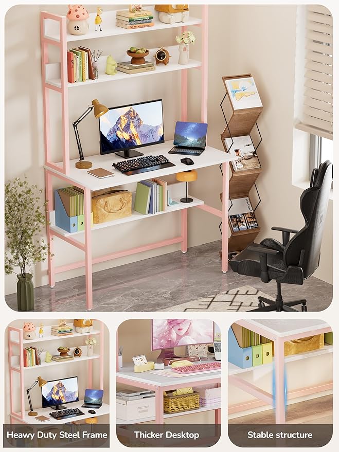 Aquzee Girls Desk with Hutch, 40“W x 19.6" D Computer Desk with Shelves, Tall Home Office Desk with Bookshelf, Metal Legs Study Table with Upper Storage Shelf for Study Writing/Workstation, Pink