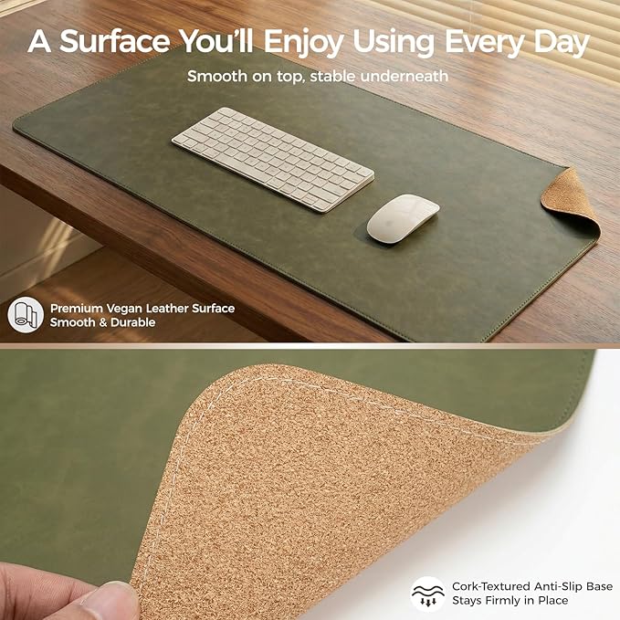 Premium Faux Leather Desk Mat & Tray Set，Innovative Cork-Look Printed Base，Gift Tube Packaging，Full-Desk Coverage，Non-Slip Desk Pad for Office Home（Olive Green）