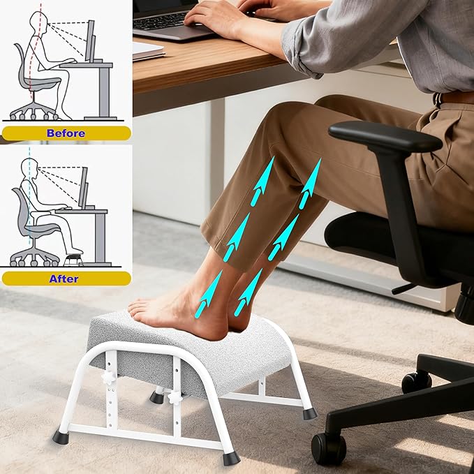 Under Desk Footrest with Memory Foam,Adjustable 10-Level Ergonomic Foot Rest for Office & Gaming Desk for Leg Rest,Reinforced Metal Frame,Non-Slip Base Extra Large（White with Baseplate