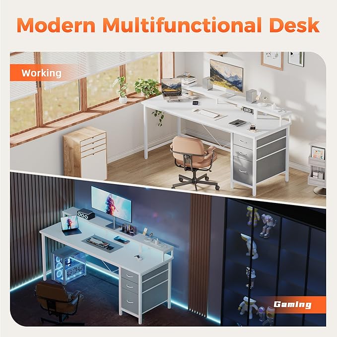 Mericonia 63 inch Computer Desk with Storage Drawers & Monitor Stand, Reversible Gaming Desk with LED Lights & Power Outlets, Large Gaming Table for Home Office