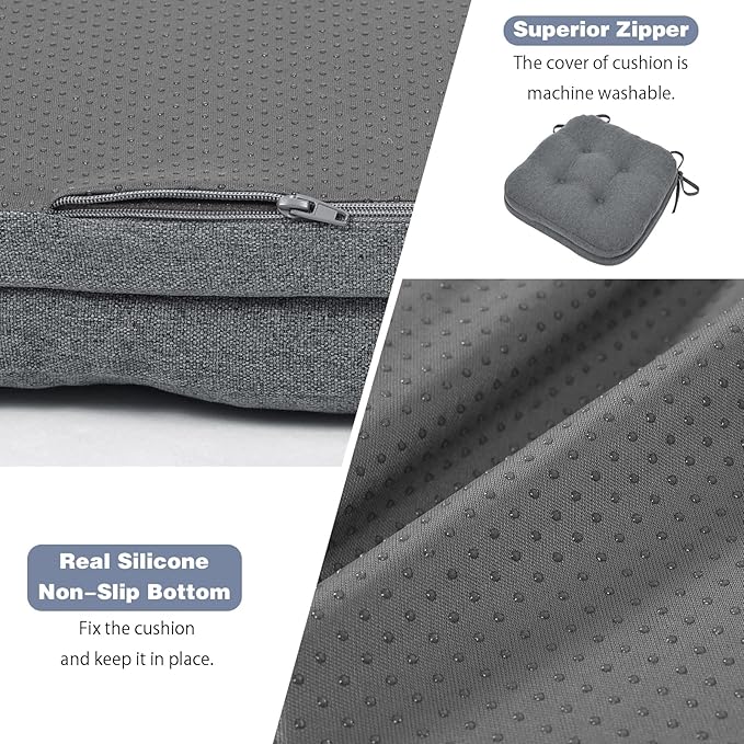 baibu Dining Chair Cushions, Dual-Layer Patent Design Memory Foam Kitchen Chair Cushions, Non-Slip Seat Pads with Ties, 16.5 x 16.5 x 3.5in, 1 Pack, Dark Grey