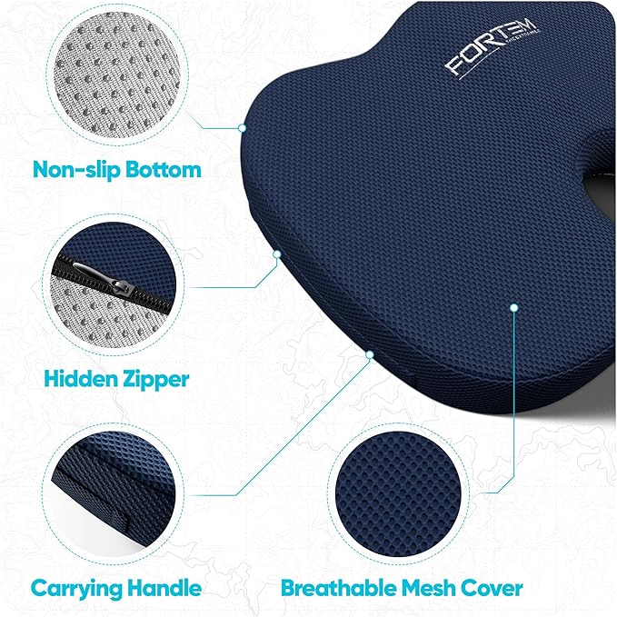 FORTEM Seat Cushion, Office Chair Cushion, Memory Foam Car Seat Cushions, Sciatica Coccyx Tailbone Pain Relief, Chair Cushions for Back Support, Sitting Pad for Gaming, Washable Cover, Non Slip