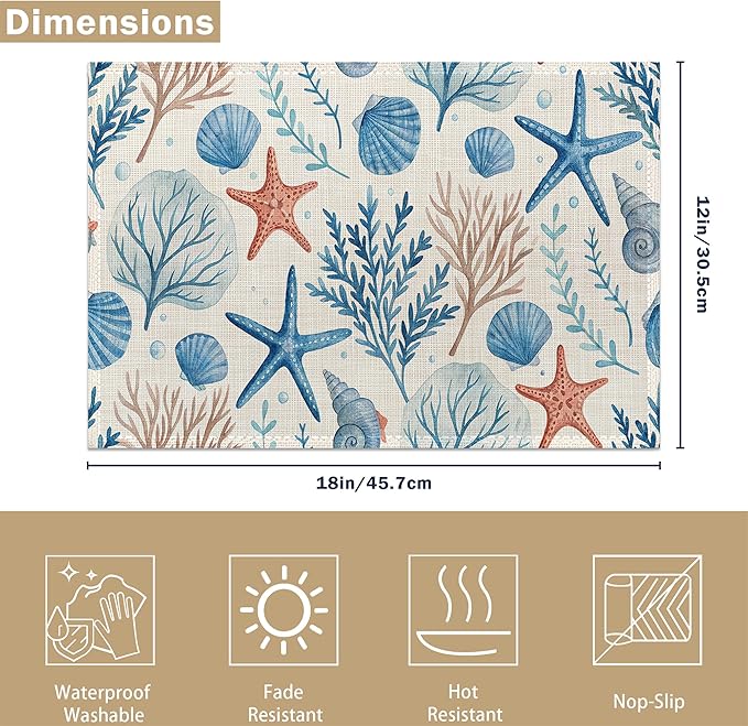 Watercolor Shell Starfish Table Placemats Set of 6, Linen Placemats 12x18 Inch, Washable Non Slip Heat Resistant Mats for Dining Table Kitchen Indoor Use