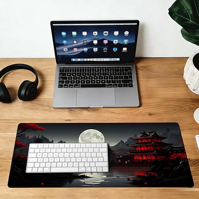 Large Gaming Mouse Pad Japan Red Black Full Moon Desk Mat,Non-Slip Rubber Base Stitched Edges,Extended Mousepad for PC,Laptop,Office,Home Decor(31.5 x 11.8 Inch)