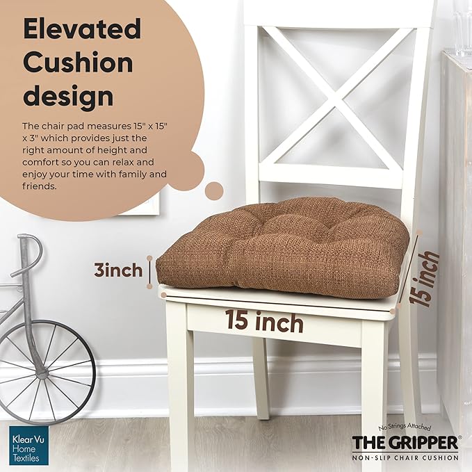 Klear Vu Gripper Overstuffed Universal Non-Slip Dining Chair Cushions for Kitchen Decor or Office Use, U-Shaped Skid-Proof Seat Pad, 15x15 Inches, 4 Count (Pack of 1), Waffle Brown