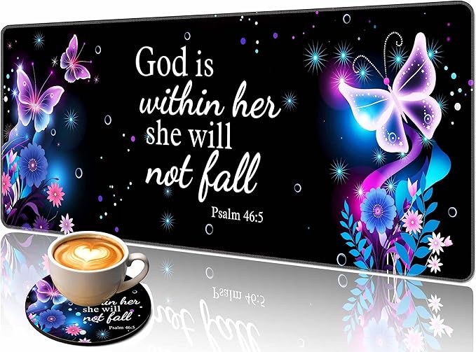 Extended Mouse Pad 31.5 x 11.8 Inches – AiLiTeck Decorative Desk Mat Mousepad with Stitched Edges for Home Office, Waterproof Washable, Includes Matching Coaster Bible Verse Women