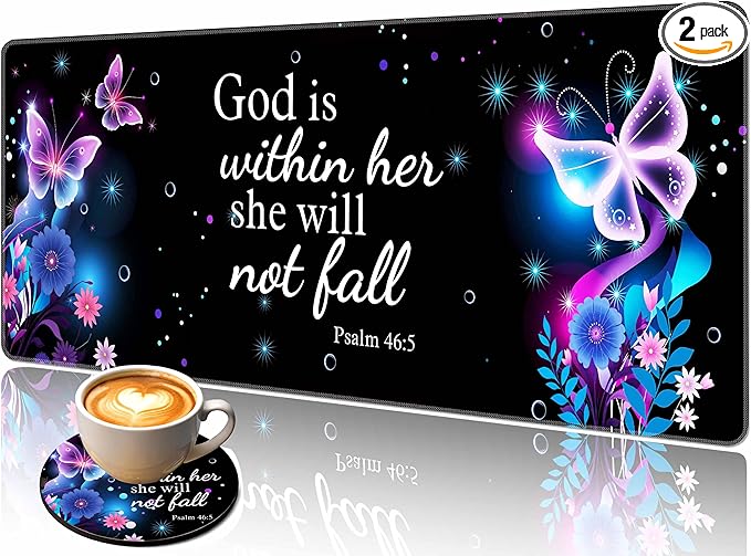 Extended Mouse Pad 31.5 x 11.8 Inches – AiLiTeck Decorative Desk Mat Mousepad with Stitched Edges for Home Office, Waterproof Washable, Includes Matching Coaster Bible Verse Women