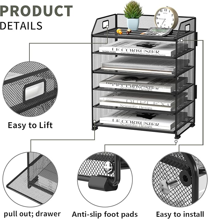 6 Trays Paper Organizer Letter Tray with Pull-Out Drawer, Assembled Mesh Desk File Holder, Metal Paper Sorter for Office Documents, Black