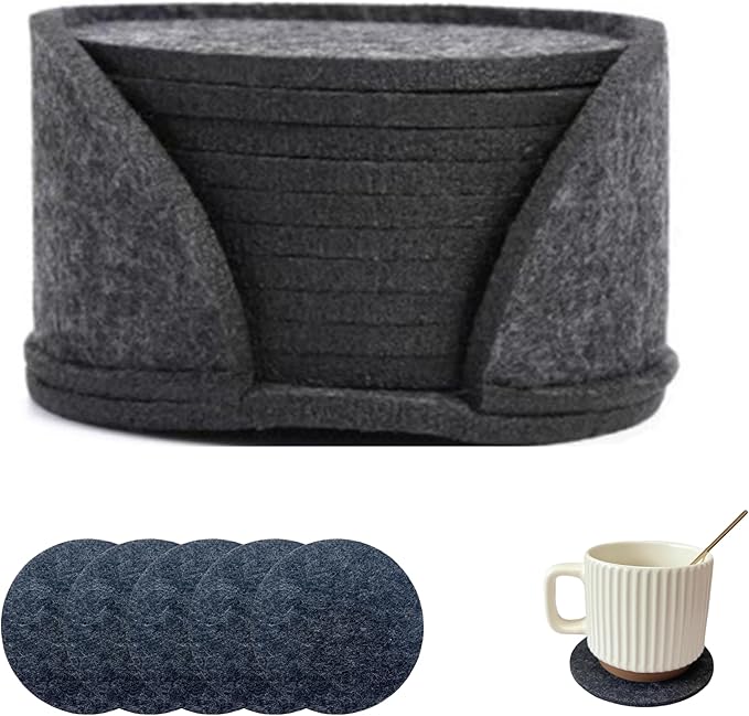 10 Pcs Felt Coasters with Holder, Coasters for Drinks Absorbent, Cup Mat Desk Coaster for Drinks Bar Home Coffee Table Decor Heat Resistant Tabletop Protection, 4Inch (Dark Gray)