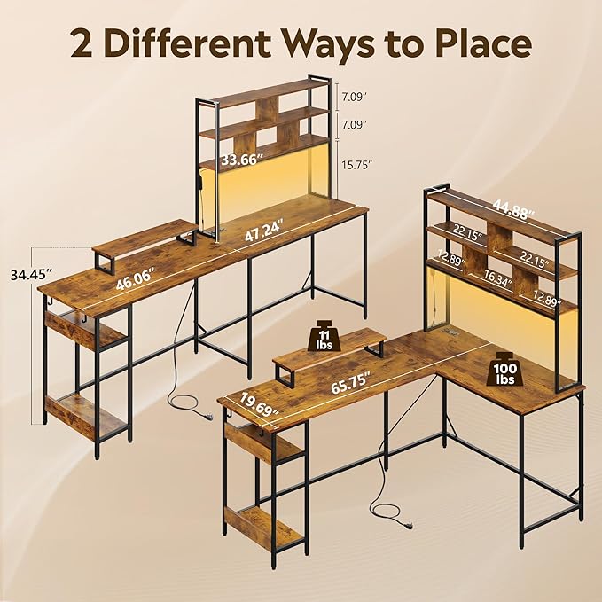 DEVAISE 66 Inch L Shaped Gaming Desk with Drawers and Storage, Corner Desk with LED Lights, Power Outlets, Computer Desk with Monitor Stand, Office Desk for Home, with Hutch, Rustic Brown
