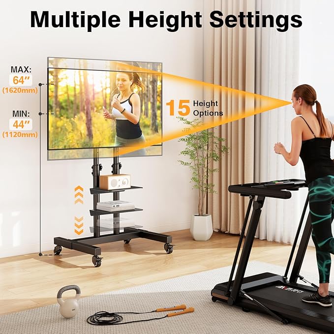 Mobile TV Stand Rolling TV Cart Floor Stand with Mount on Lockable Wheels Height Adjustable Shelf for 32-83 Inch TV Stand Flat Screen or Curved TVs Monitors Display Trolley (Black with 2 Shelves)