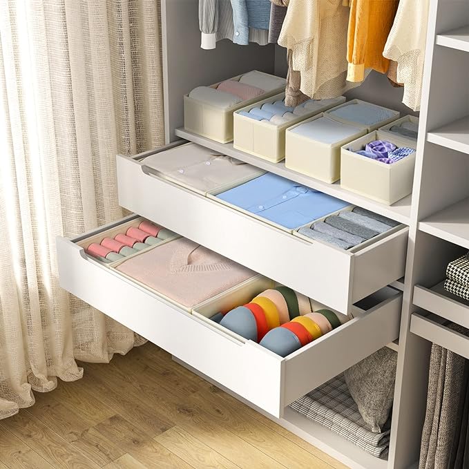 DIMJ Drawer Organizer Clothes, 12 Pack Dresser Organizer, Foldable Closet Organizers and Storage, Fabric Dresser Bins, Drawer Dividers for Nursery, Baby Clothes, Underwears, Sock (Beige)