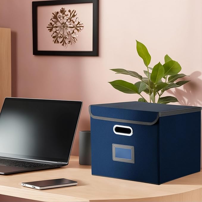 Hleelomi Collapsible File Box with Lid & Plastic Slide - Hanging Document Organizer for Office/Home, 14.96x12.6x10.83 Inch,Decorative Home File Bin,Blue, 1 Pack (No Folders Included)