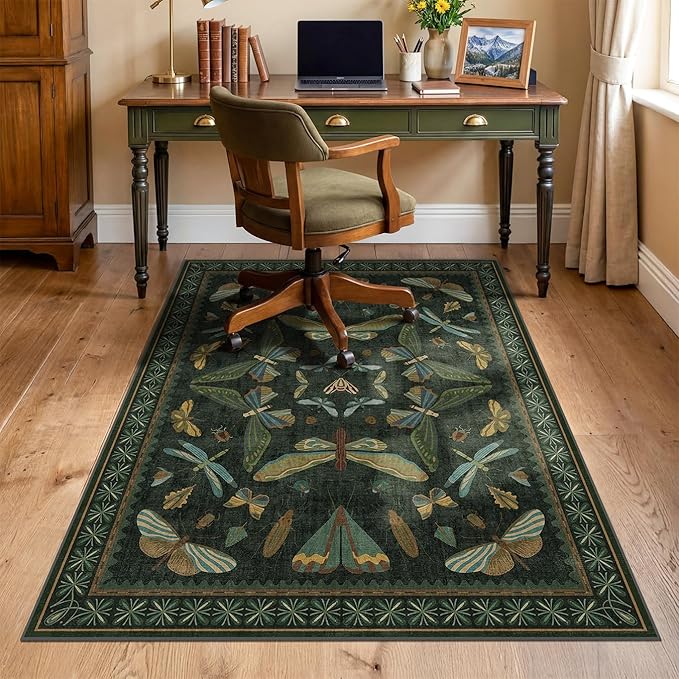 3'x4' Dark Green Office Chair Mat for Hardwood Floors, Insect Boho Design,Non-Slip Low Pile Desk Rug, 36"x48" Small Area Rug for Computer Desk Home Office, Machine Washable WFH Essential for Dorm Room