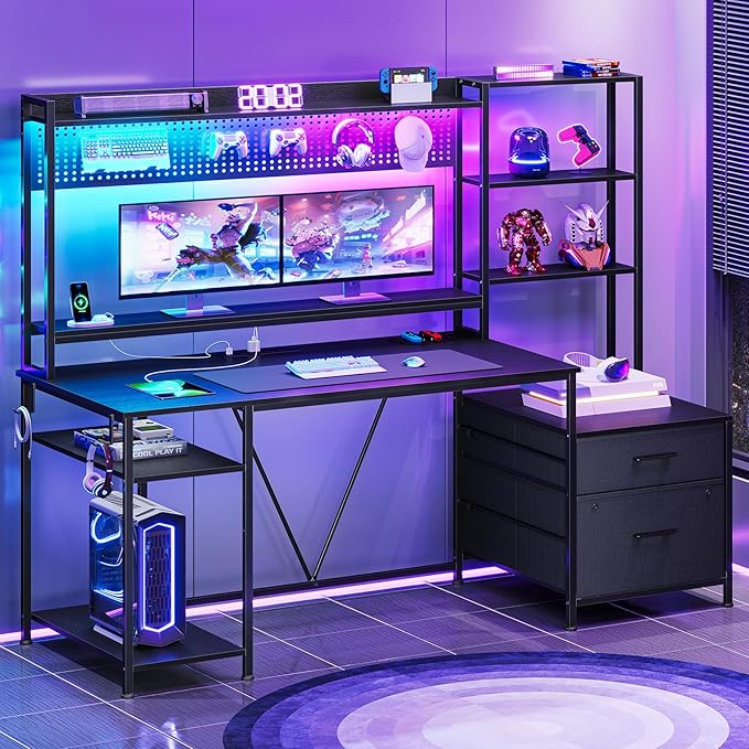 UPOSOJA Gaming Desk with Hutch, 65in Reversible Computer Desk with Power Outlets LED Light, Home Office Desk with Monitor Stand 2 Drawers 4 Storage Shelves Pegboard 8 Hooks Mouse Pad (Black)