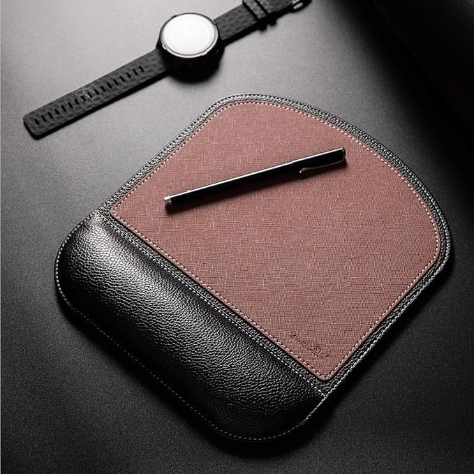 Brown Office Square Leather Mouse Pad with Wrist Rest Non-Slip Design, Business Style Gaming PU Mousepad for Learners, Workers &Computer Users.