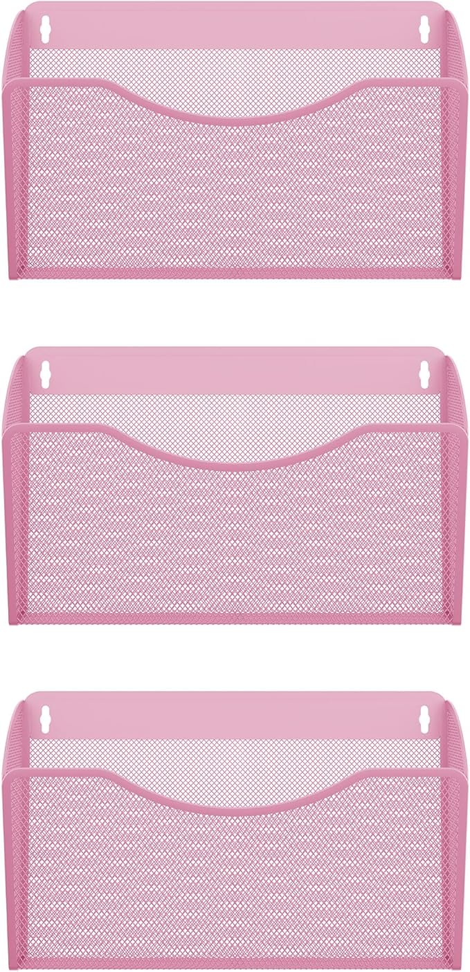 EasyPAG Wall File Organizer, Metal Mesh Hanging File Folder Holder for Letter/A4 Size Folders, Vertical Wall Mount Mail Sorter for Office Paperwork, Classroom, Pink